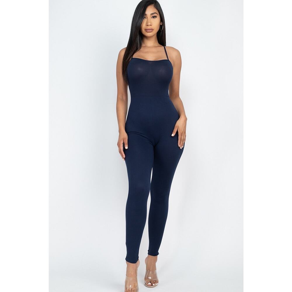 Criss-cross open back bodycon jumpsuit (Navy)-Medium